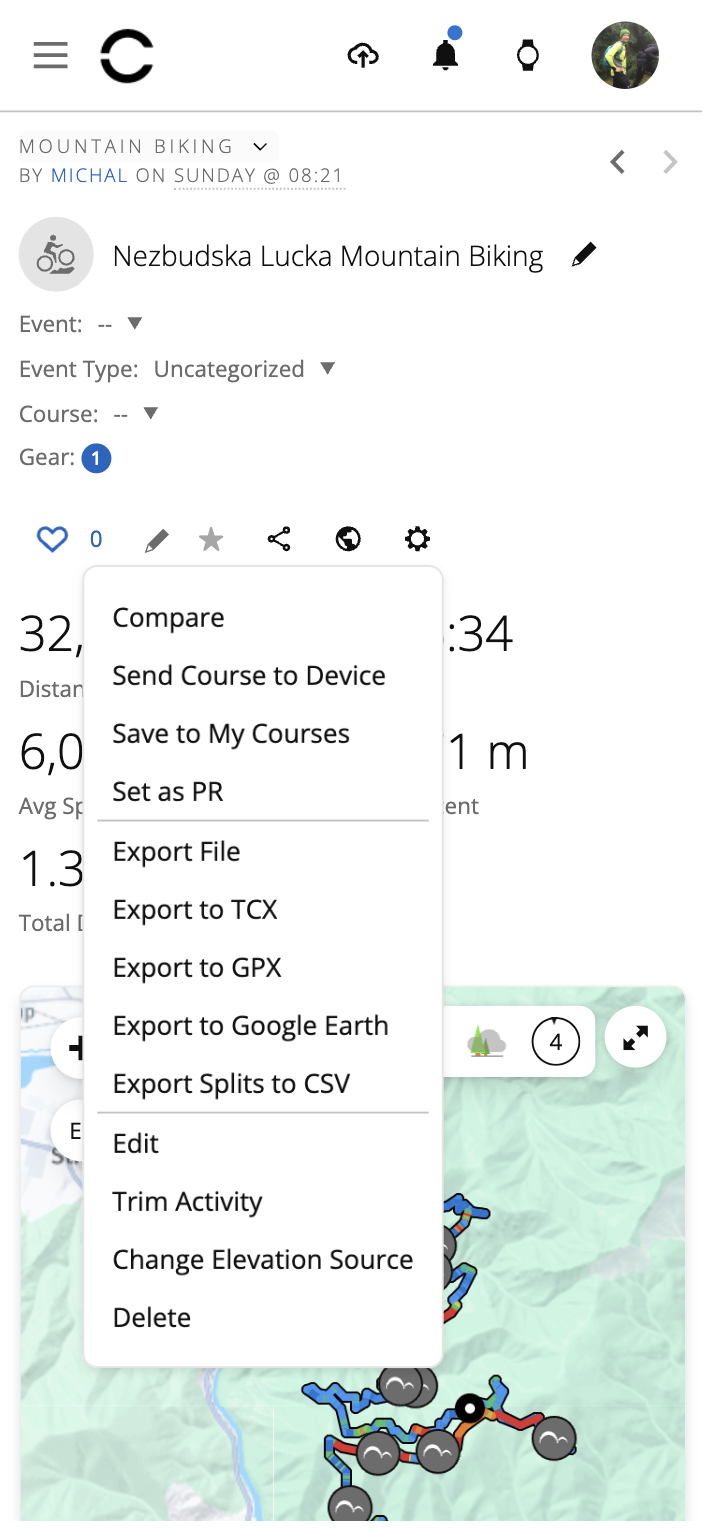 Rozbalené menu, vyberá sa Export to GPX